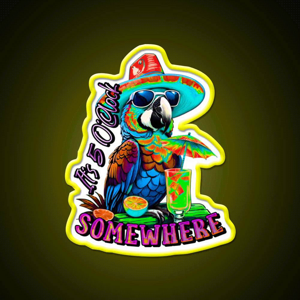Its 5 Oclock Somewhere Tropical Parrot Cocktail Bar Decor Led Neon Sign Rgb Color - Custom LED neon sign front view