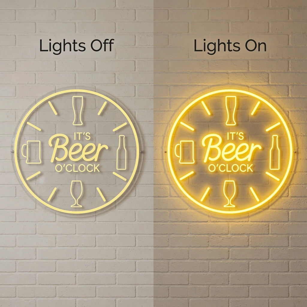 It's Beer Clock LED Neon Sign - 06 Day Night Comparison