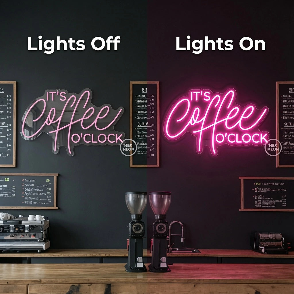 It's Coffee To Clock LED Neon Sign - 06 Day Night Comparison