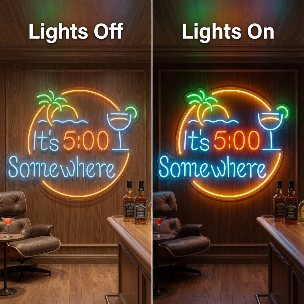 It's Five O'clock Somewhere LED Neon Sign - 06 Day Night Comparison