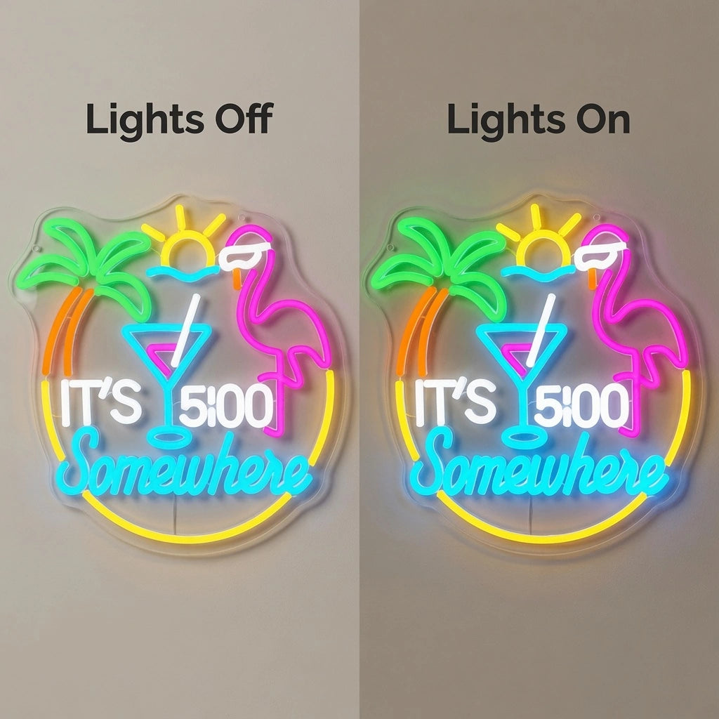 It's Five O'clock Somewhere LED Neon Sign Home Wall Art - 06 Day Night Comparison