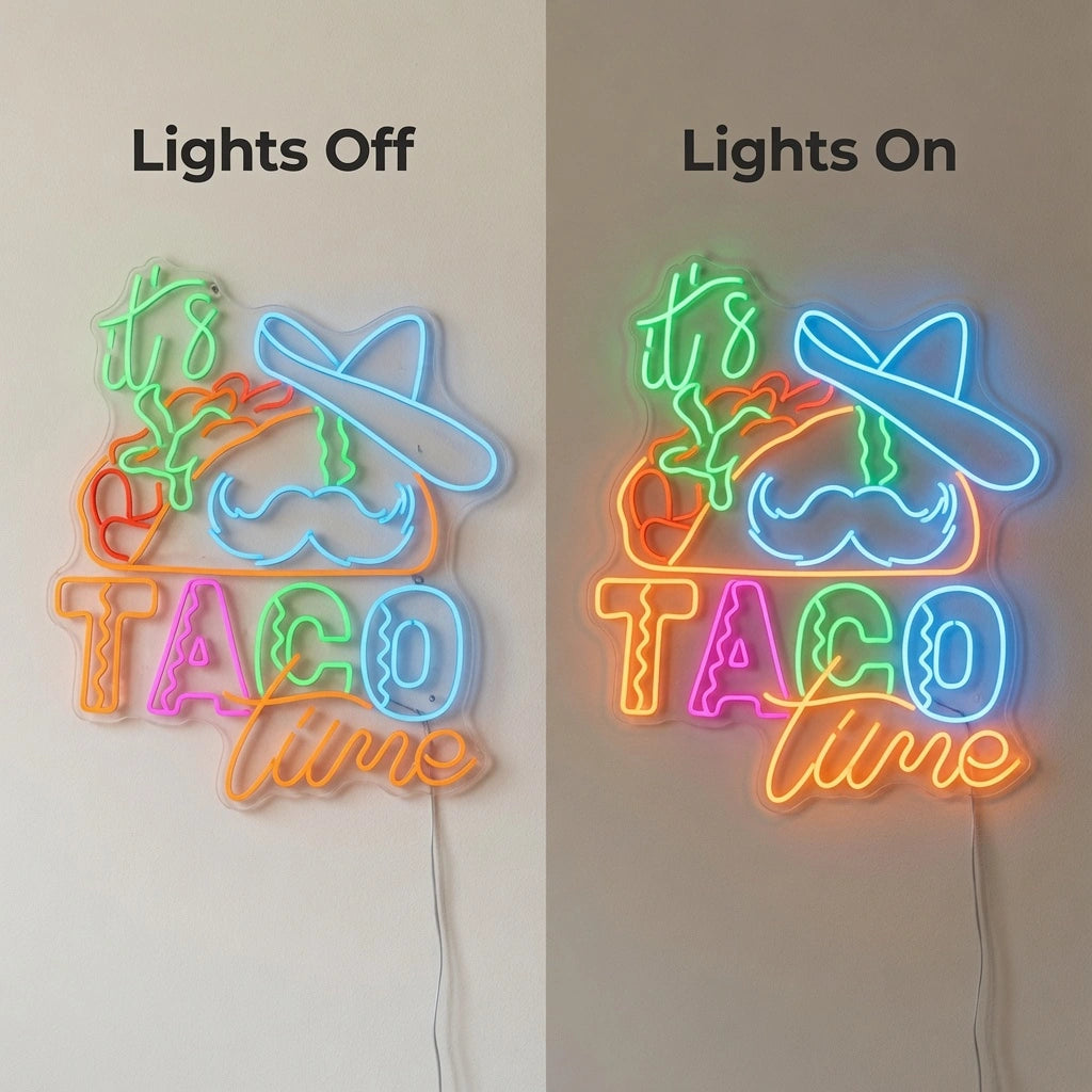 It's Taco Time LED Neon Sign - 06 Day Night Comparison