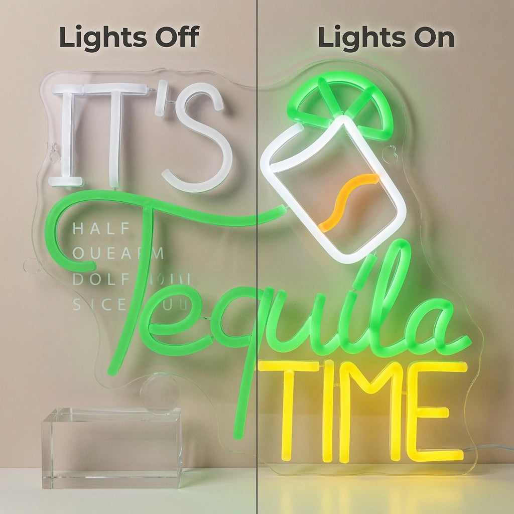 It's Tequila Time LED Neon Sign Home Wall Art - 06 Day Night Comparison