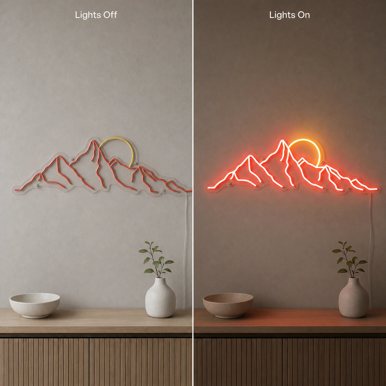 Jagged Mountain Range And Partial Sun LED Neon Sign day and night comparison