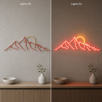 Jagged Mountain Range And Partial Sun LED Neon Sign day and night comparison