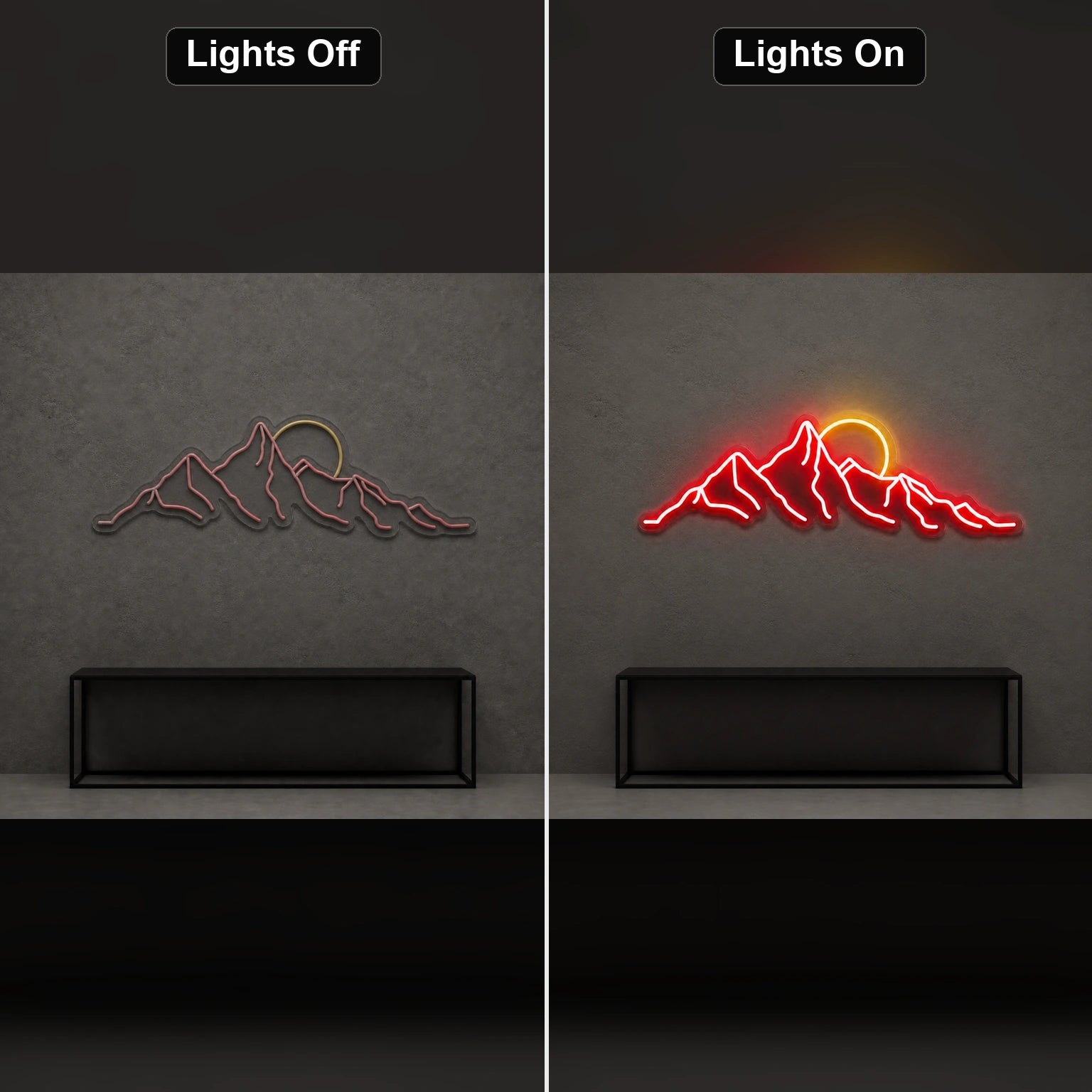 Jagged Mountain Range And Partial Sun LED Neon Sign Home Garage Wall Decoration day and night comparison