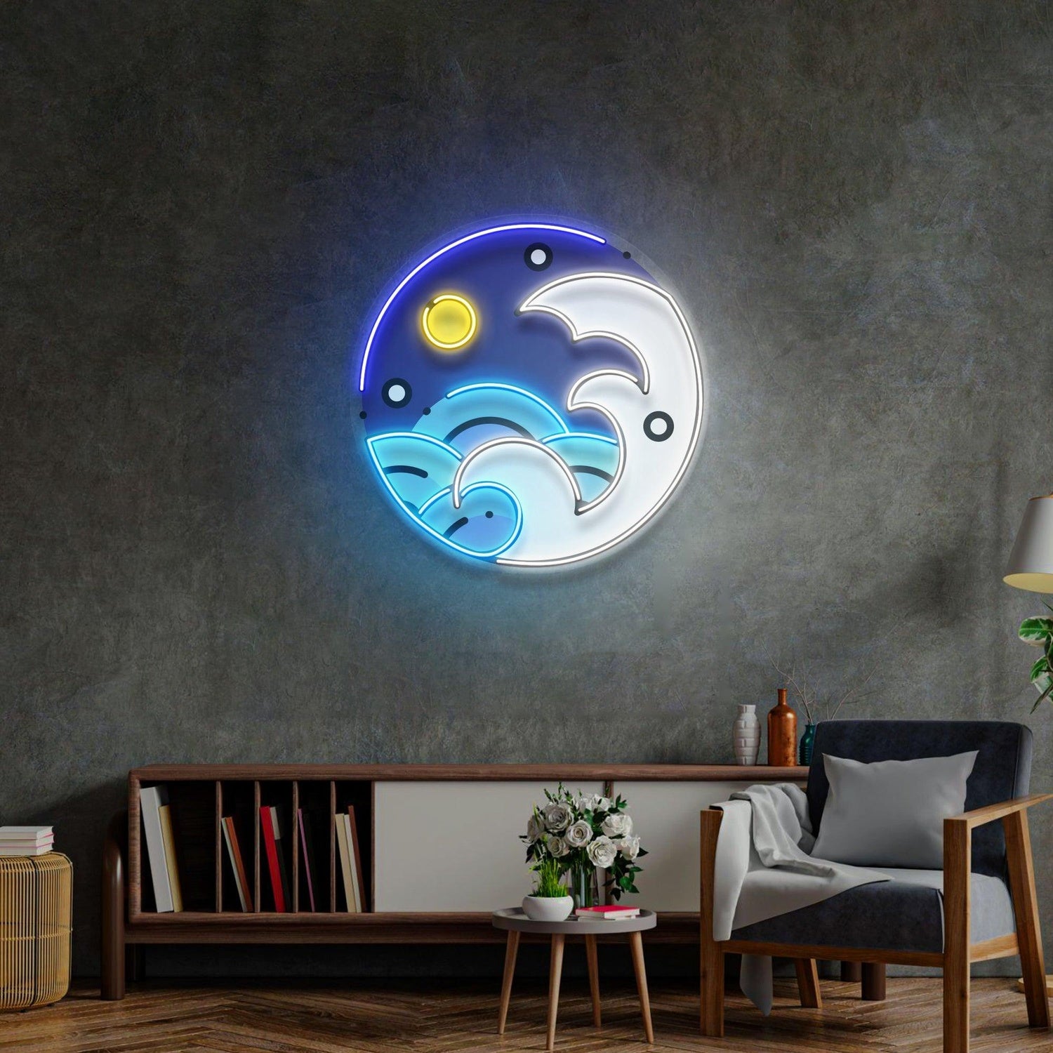 Japanese Ukiyo-E Sun Waves Blue Uv Printed Led Neon Sign Home Decor | Shineneon