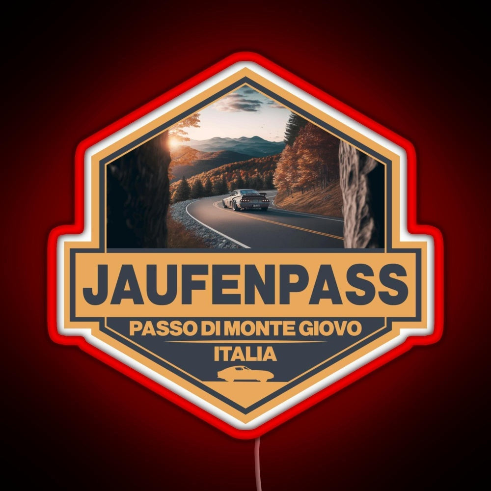 Jaufenpass Italy Travel Art Badge Rgb Neon Sign - Neon sign mounted on wall in room