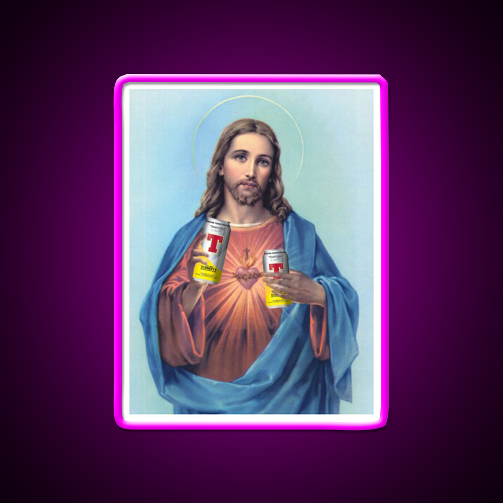 Jesus With Cans Of Tennants Beer Bar Decor Led Neon Sign Rgb Color - Neon sign mounted on wall in room