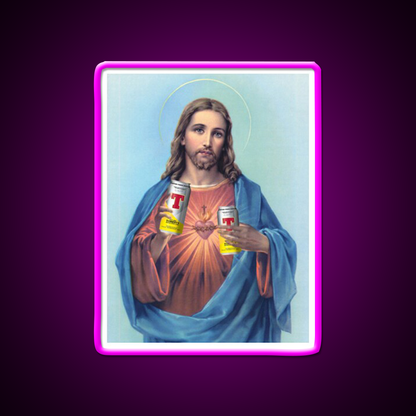Jesus With Cans Of Tennants Beer Bar Decor Led Neon Sign Rgb Color - Neon sign mounted on wall in room