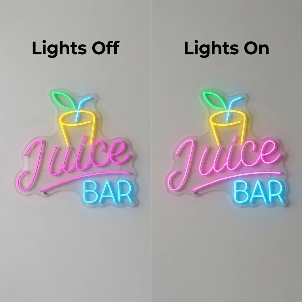 Juice Bar LED Neon Sign - 06 Day Night Comparison