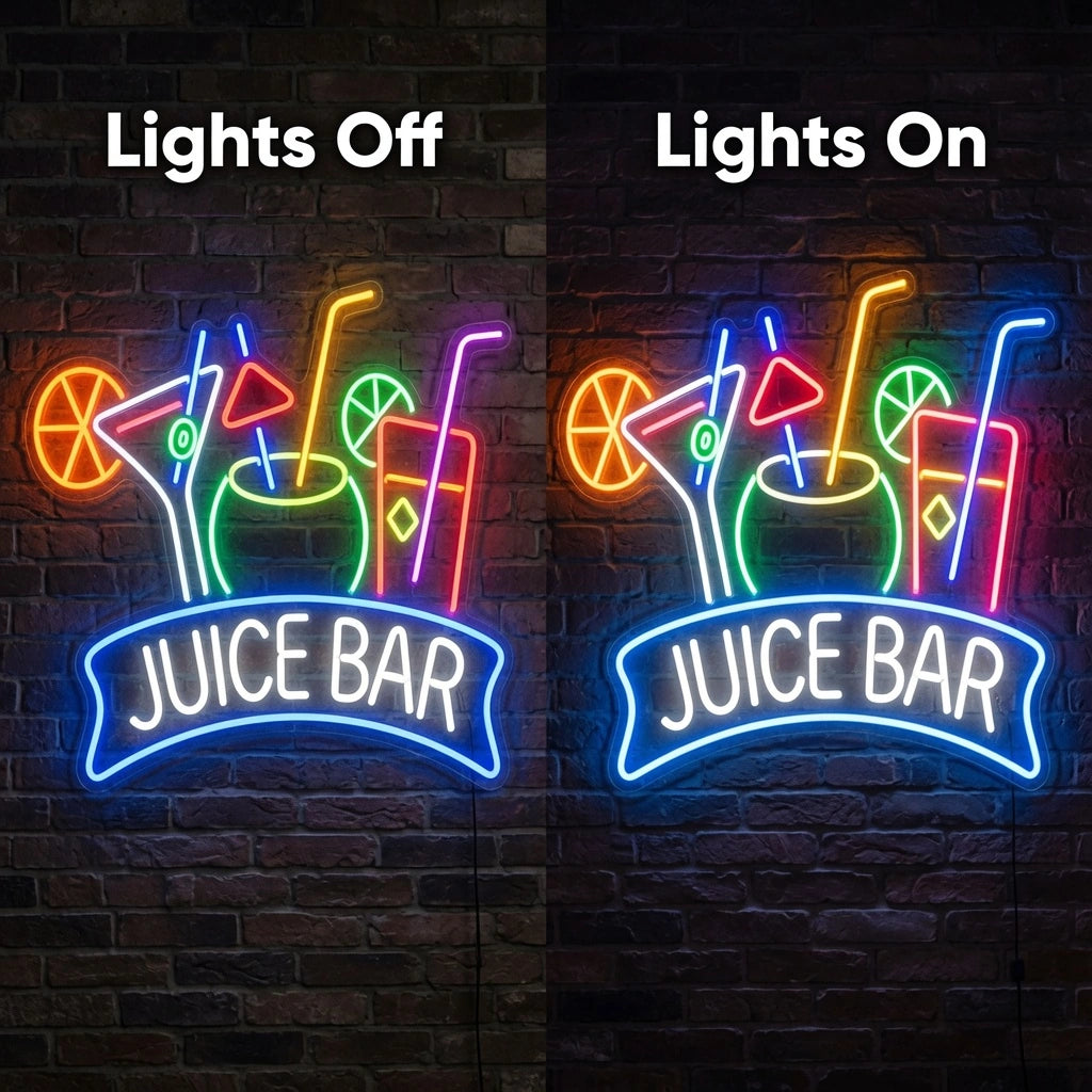 Juice Bar LED Neon Sign Home Wall Art - 06 Day Night Comparison