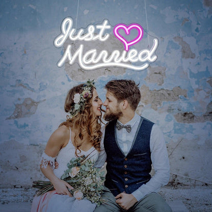 Just Married White - Pink Heart Led Neon Sign For Wedding Room Decor - Shineneon