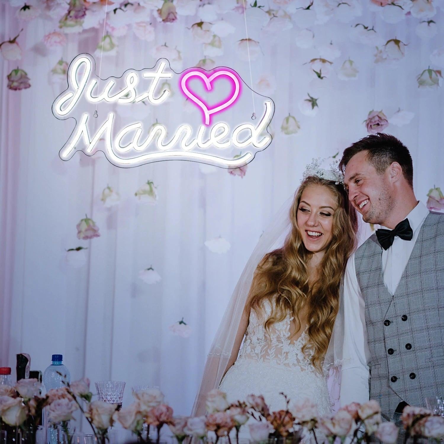 Just Married White - Pink Heart Led Neon Sign For Wedding Room Decor - Shineneon