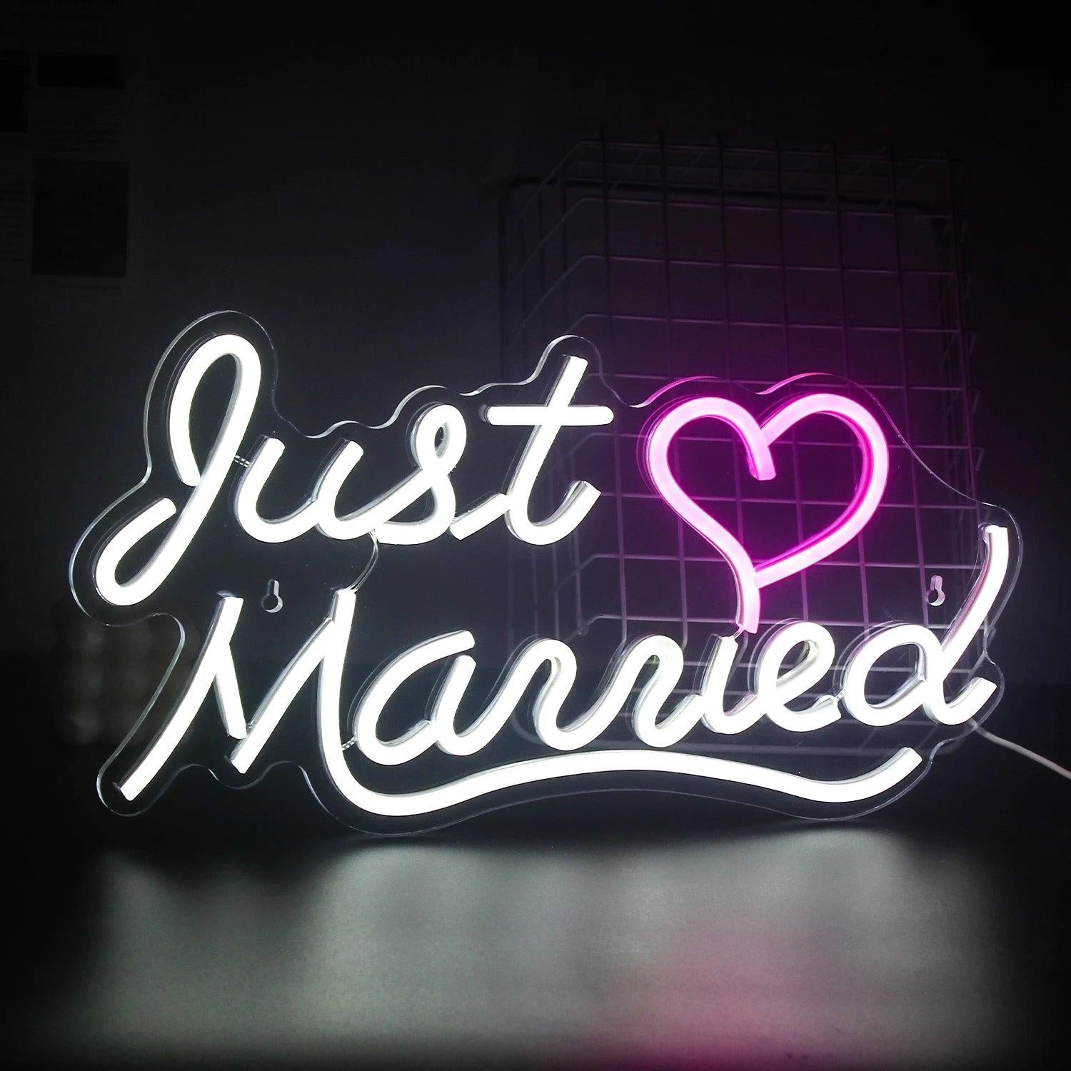 Just Married White - Pink Heart Led Neon Sign For Wedding Room Decor - Shineneon