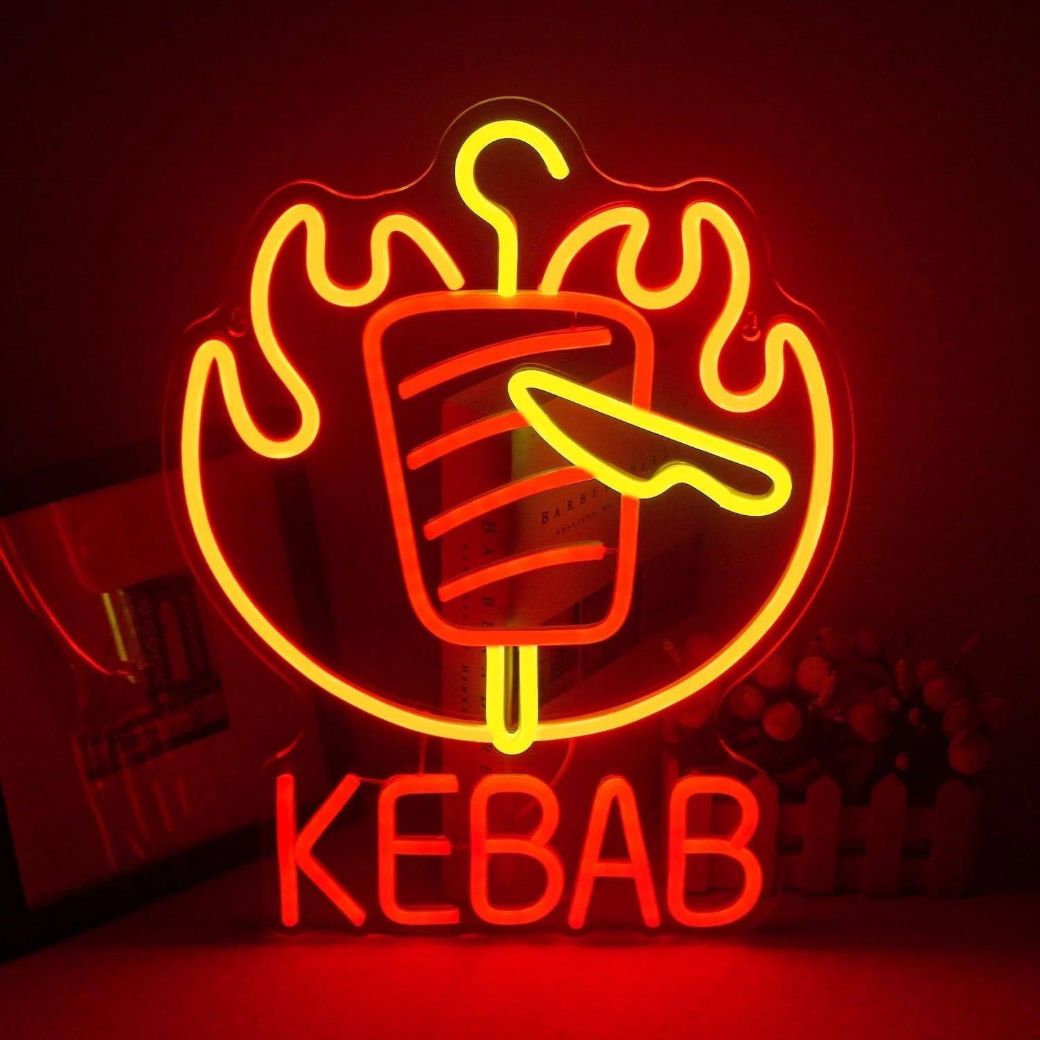 Kebab Flame And Knife Red - Yellow Led Neon Sign For Restaurant Decor - Shineneon