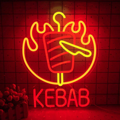 Kebab Flame And Knife Red - Yellow Led Neon Sign For Restaurant Decor - Shineneon