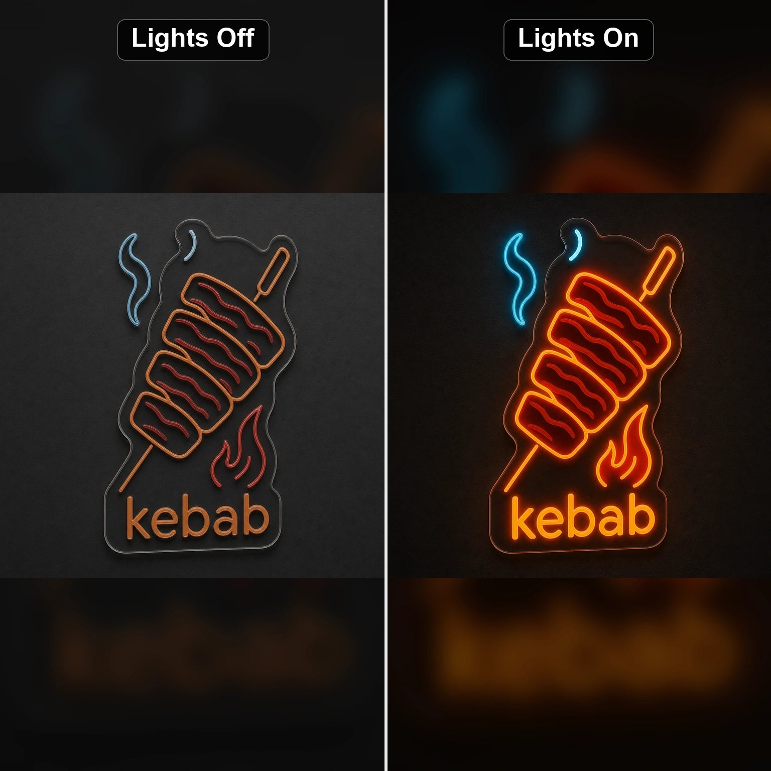 Kebab Spit LED Neon Sign Man Cave Neon Sign day and night comparison