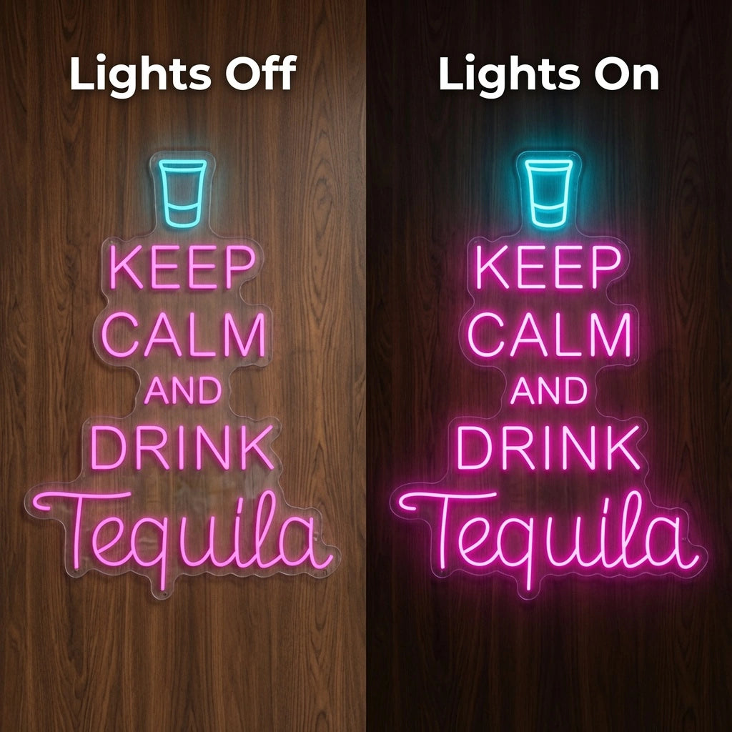 Keep Calm And Drink Tequila LED Neon Sign - 06 Day Night Comparison