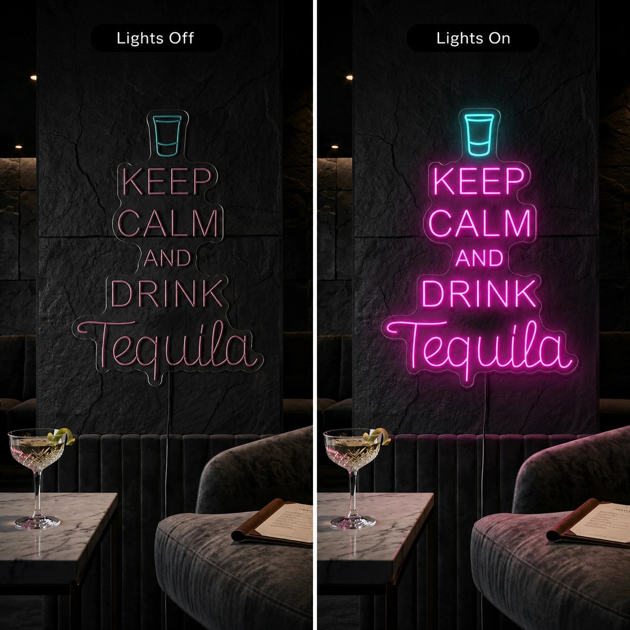 Keep Calm Drink Tequila Neon Sign LED Neon Sign day and night comparison