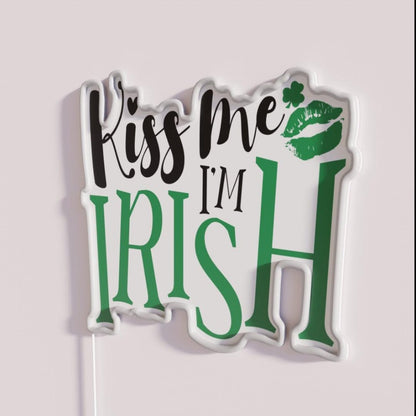 Kiss Me I M Irish Happy St Patricks Day Irish Holiday Lucky Clover Rgb Led Neon Sign - Neon sign mounted on wall in room