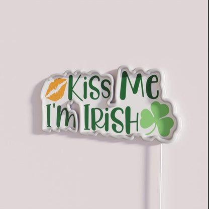 Kiss Me I M Irish Lips Happy St Patricks Day Irish Holiday Lucky Clover Rgb Led Neon Sign - Neon sign mounted on wall in room