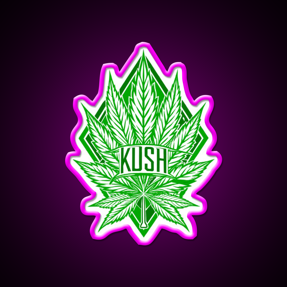 Kush Leaf Hemp Inspired Green Leaf Led Neon Sign Rgb Color - Neon sign mounted on wall in room