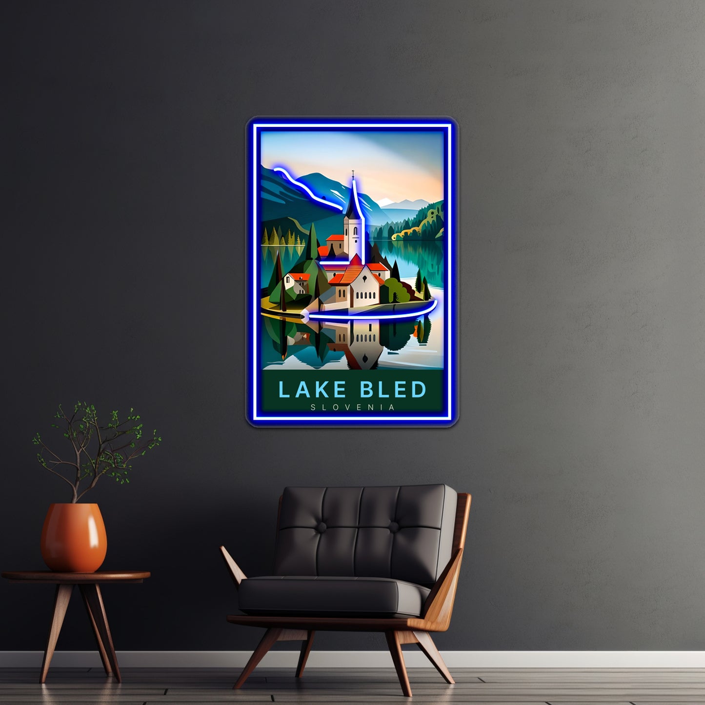 Lake Bled Digital Art Illustration Travel Poster Wall Artwork Neon Signs