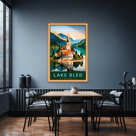 Lake Bled Digital Art Illustration Travel Poster Wall Artwork Neon Signs