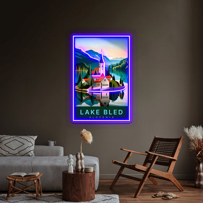 Lake Bled Digital Art Illustration Travel Poster Wall Artwork Neon Signs