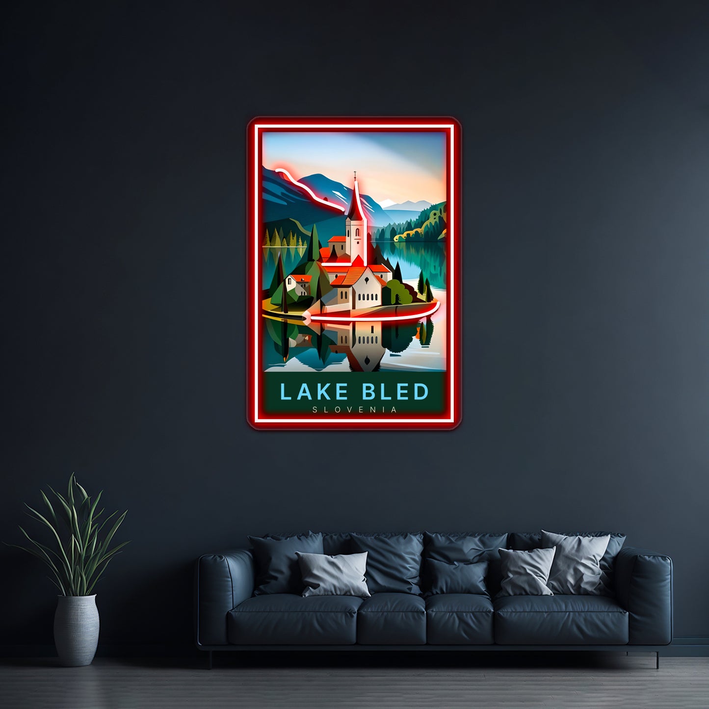 Lake Bled Digital Art Illustration Travel Poster Wall Artwork Neon Signs