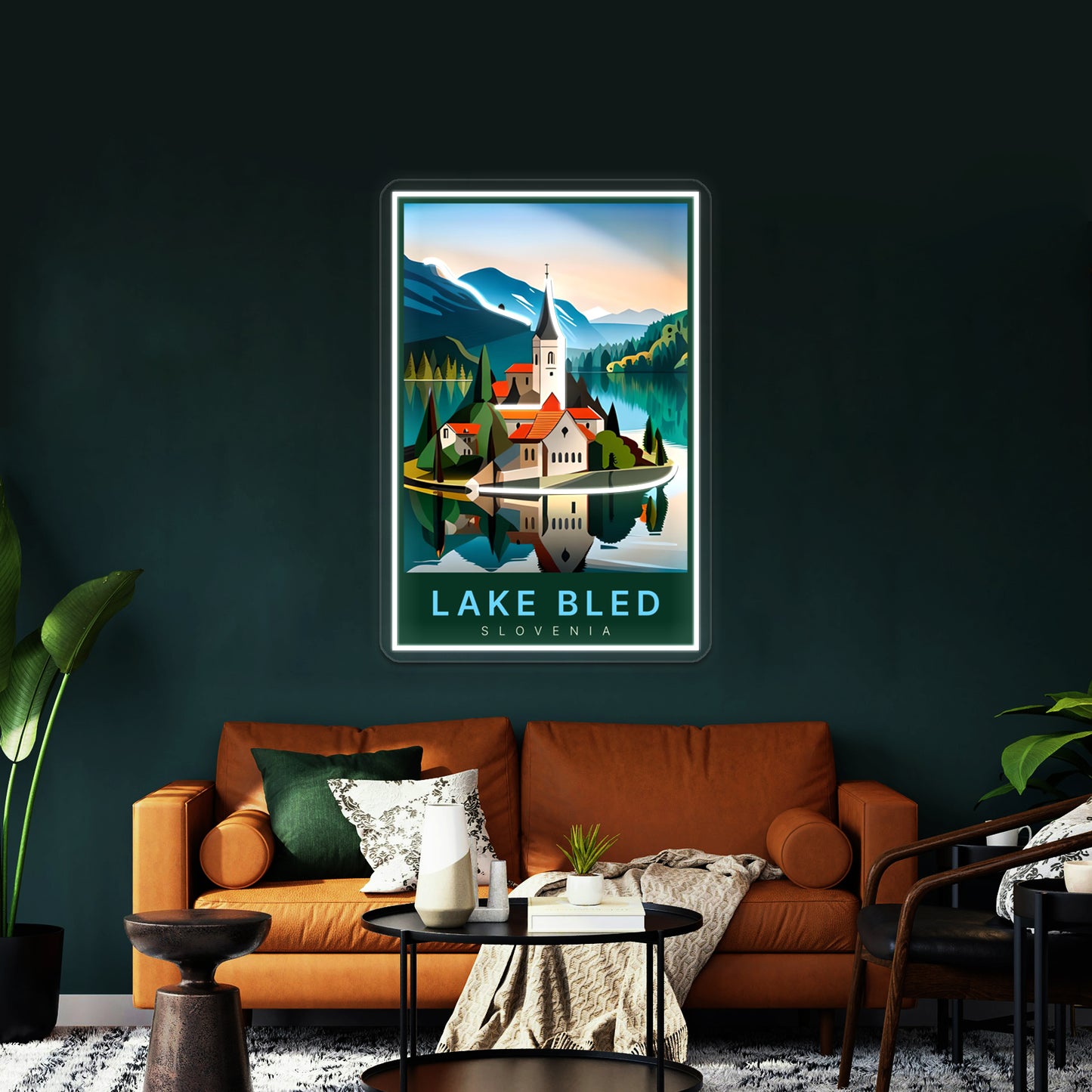 Lake Bled Digital Art Illustration Travel Poster Wall Artwork Neon Signs