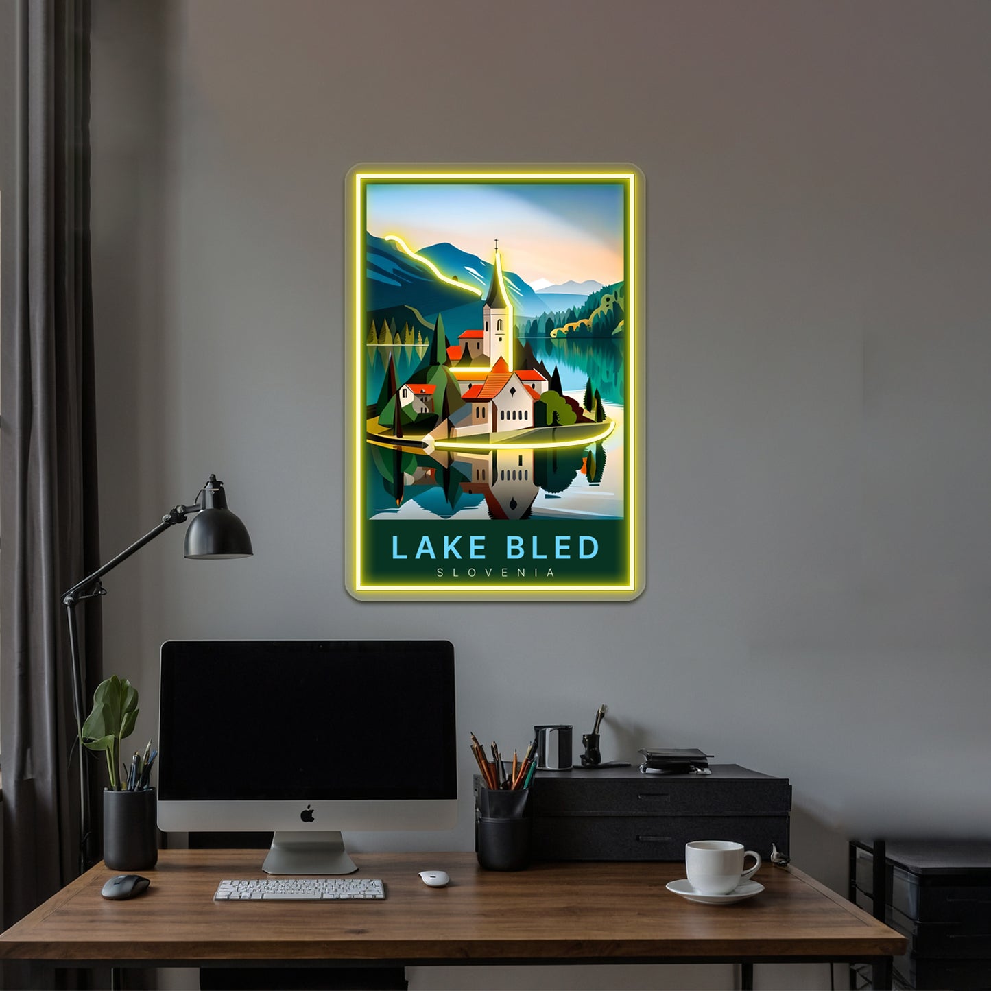 Lake Bled Digital Art Illustration Travel Poster Wall Artwork Neon Signs