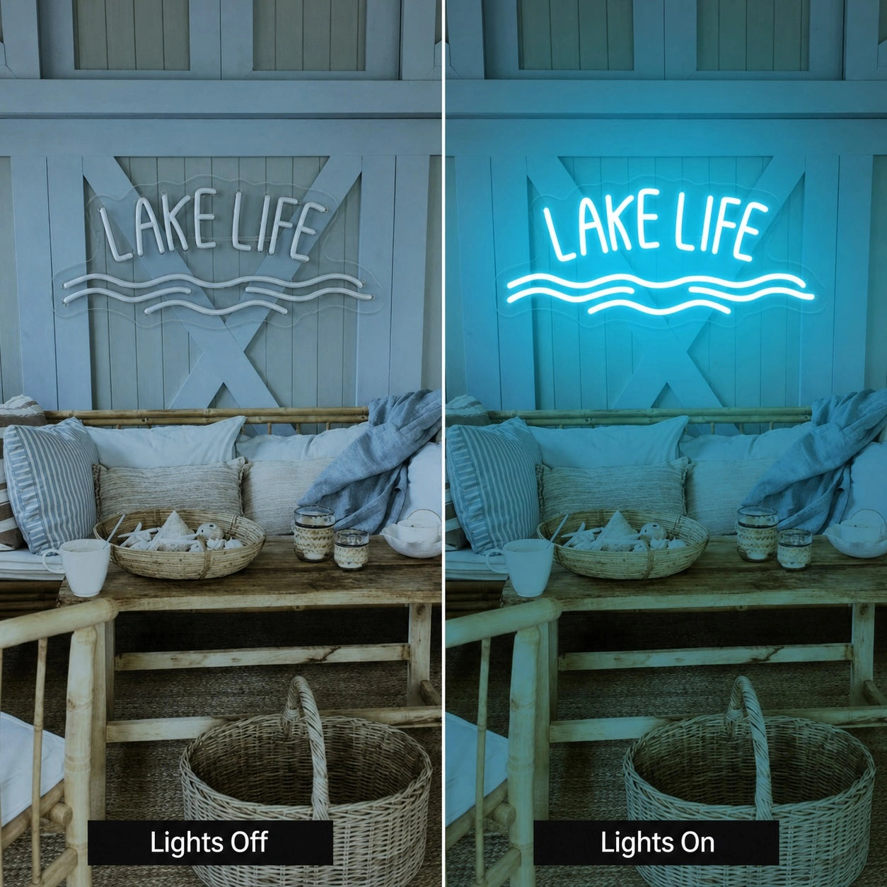 Lake Life LED Neon Sign day and night comparison