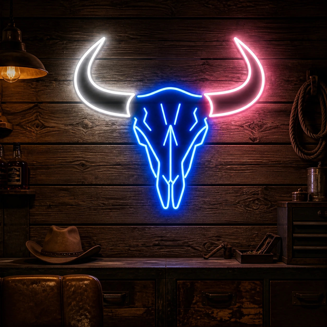 Large Longhorn Bull Skull Vintage LED Neon Sign high-converting product image