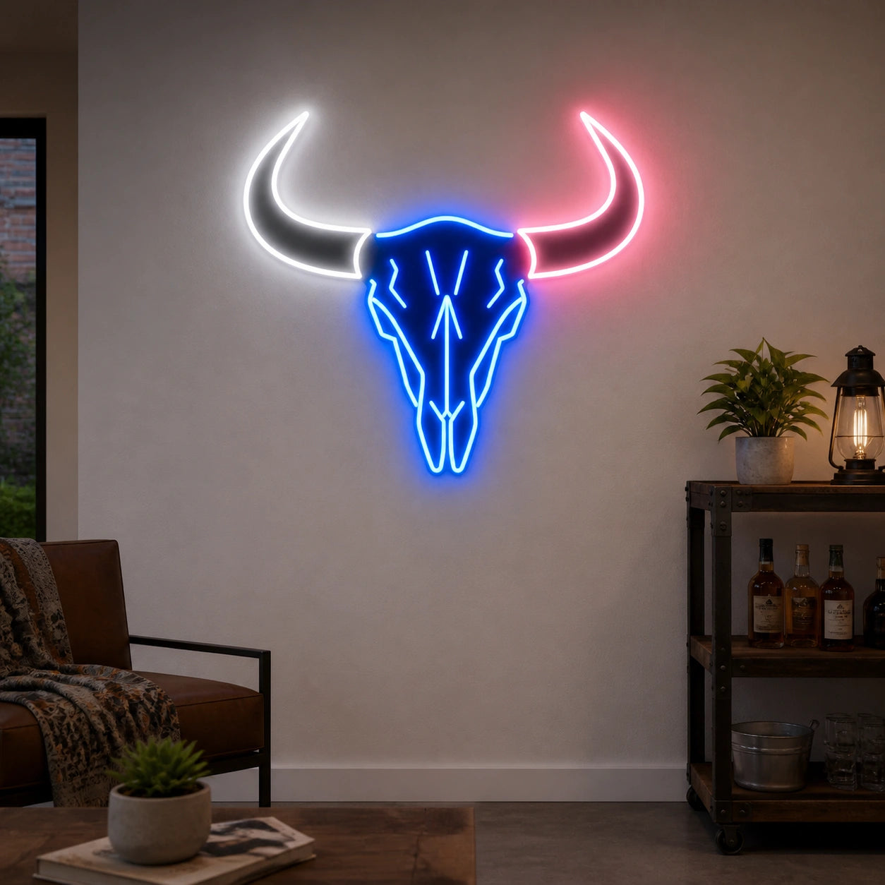 Large Longhorn Bull Skull Vintage LED Neon Sign size image