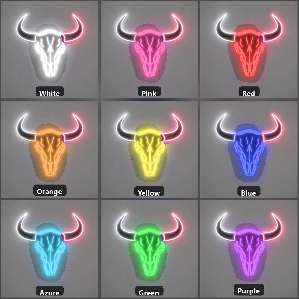 Large Longhorn Bull Skull Vintage LED Neon Sign color grid