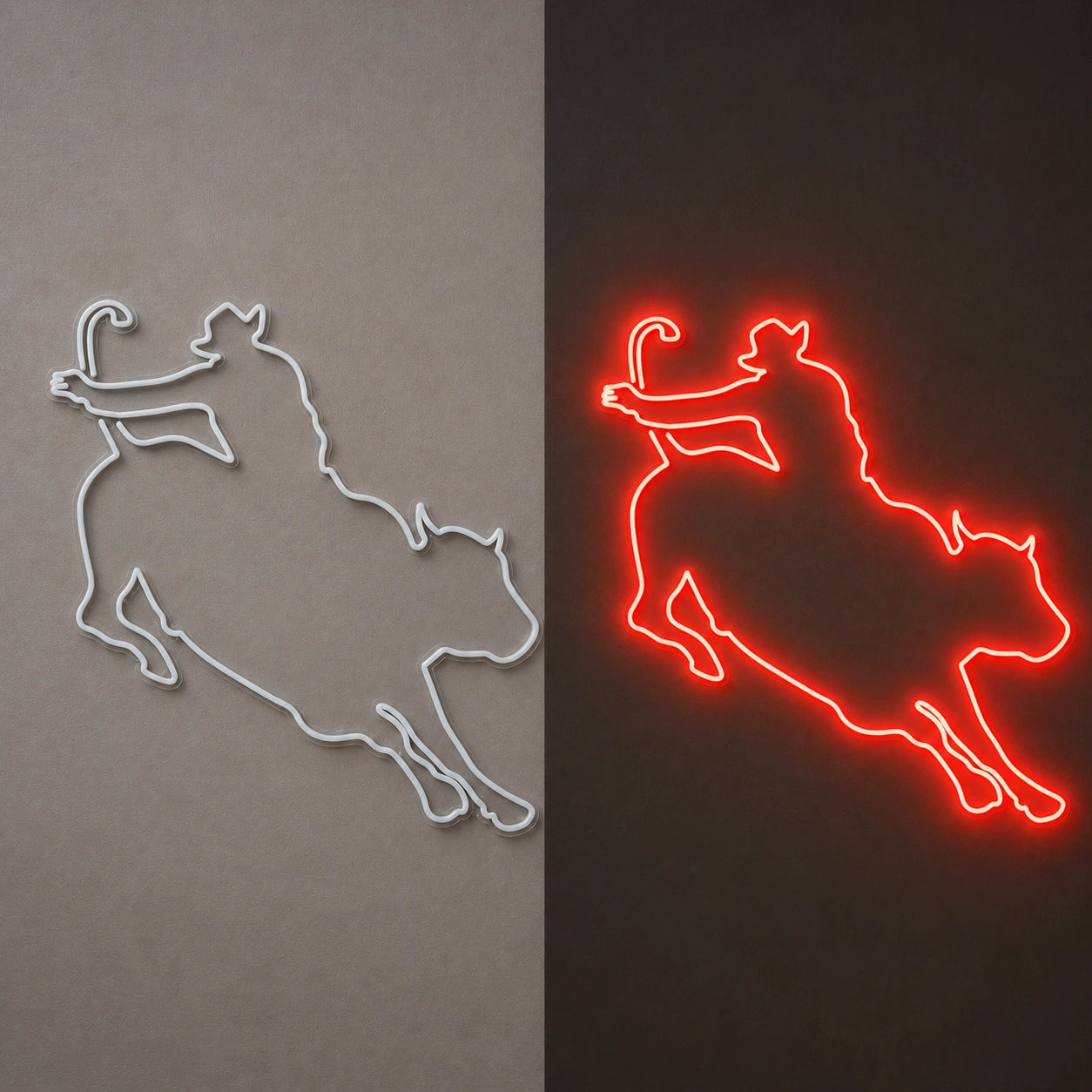 Lasso Bull Rider Vintage LED Neon Sign day and night comparison