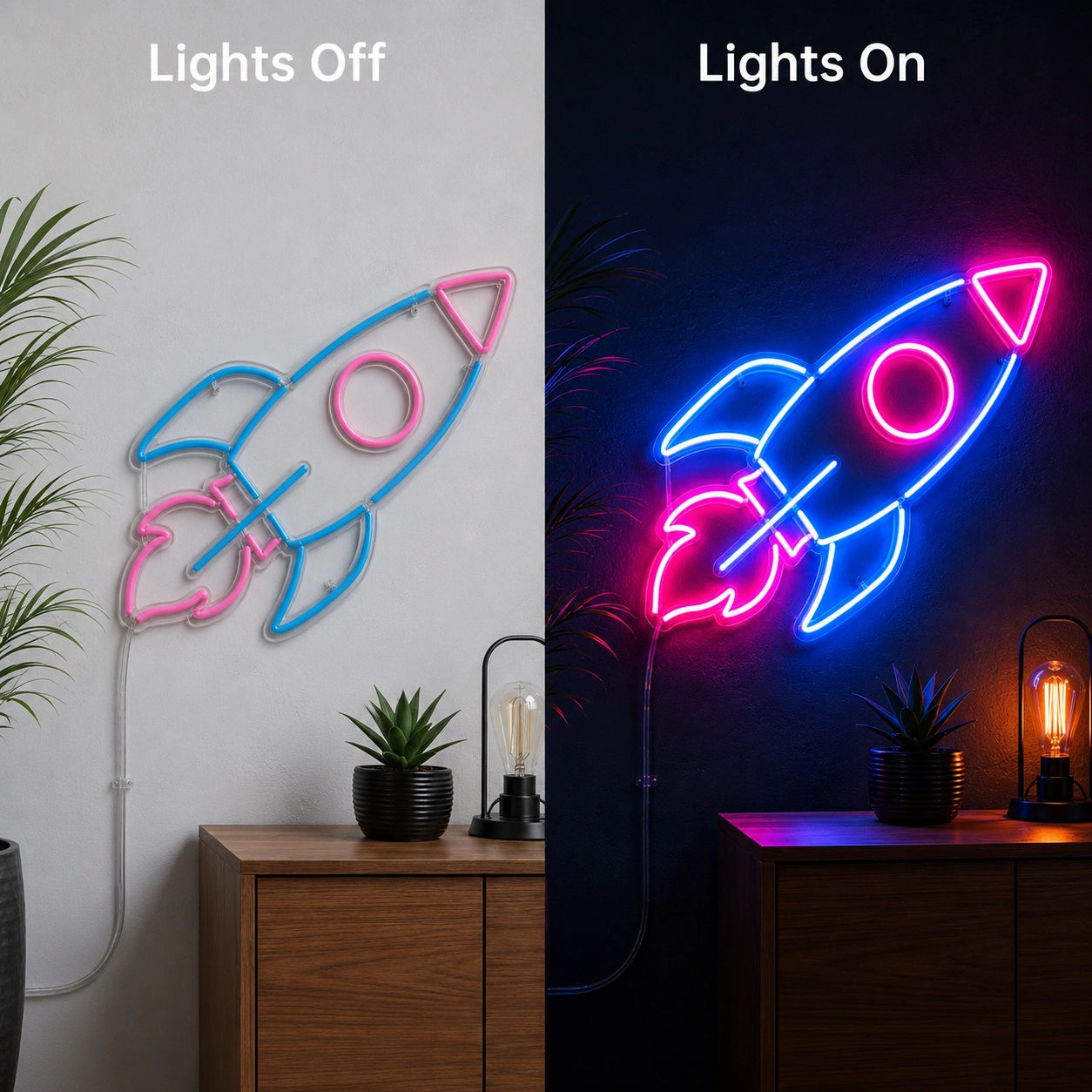Launch Rocket Neon Sign LED Neon Sign day and night comparison