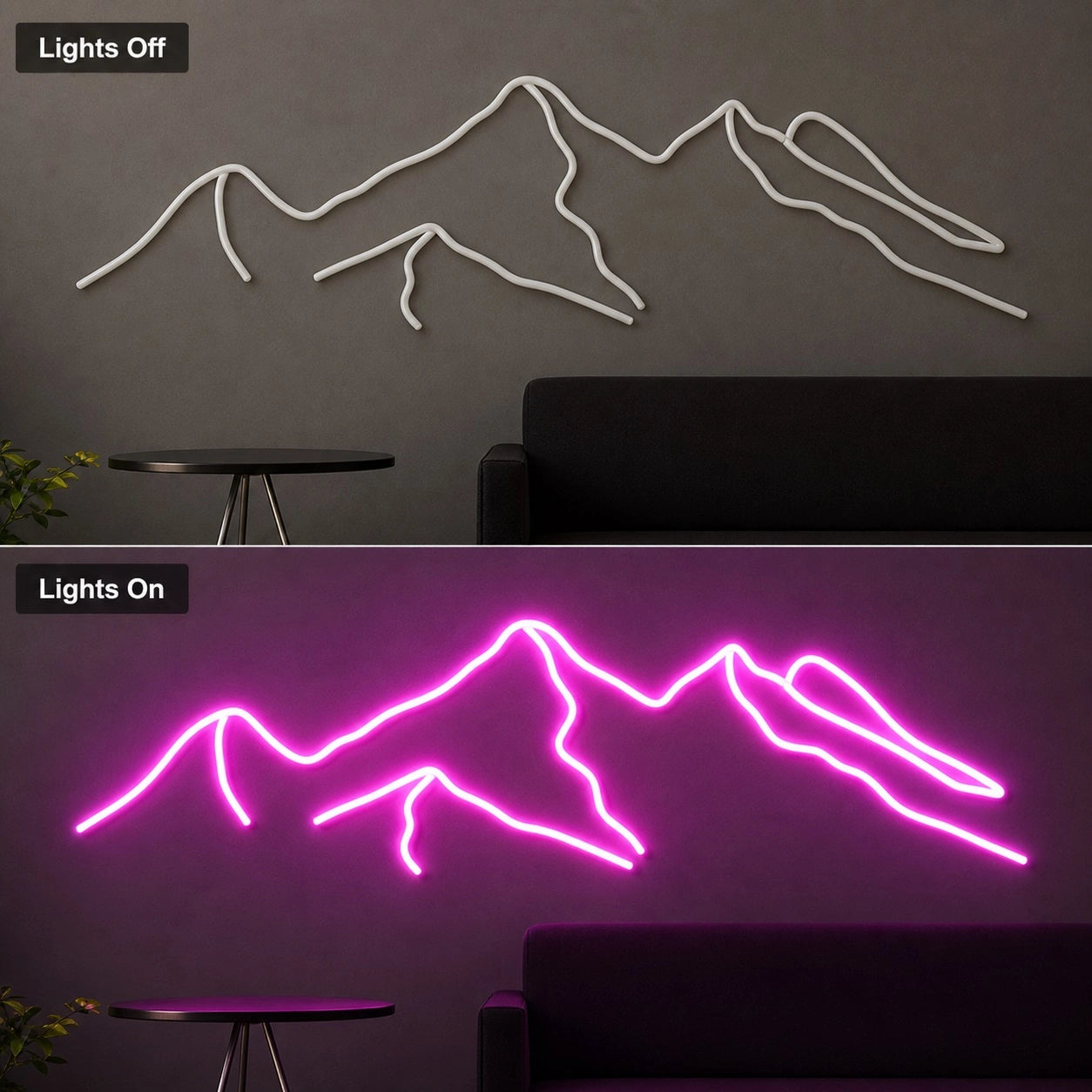 Layered Mountain Ridge LED Neon Sign day and night comparison