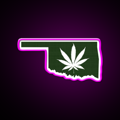 Leaf Oklahoma Hemp Inspired Green Leaf Led Neon Sign Rgb Color - Neon sign mounted on wall in room