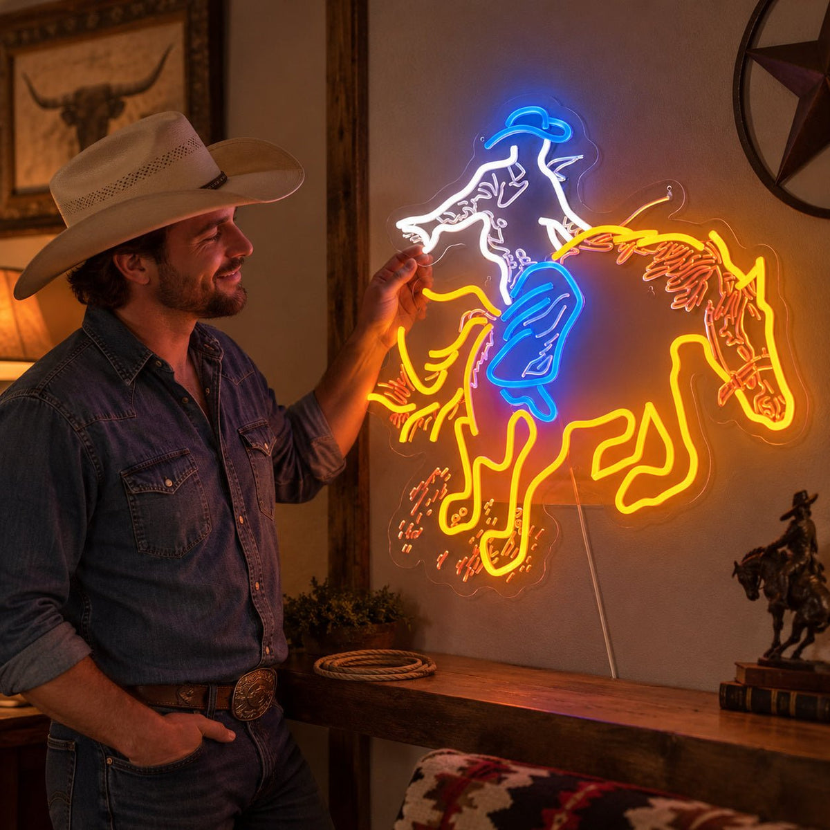 Leaning Cowboy Bucking Horse LED Neon Sign - Shineneon