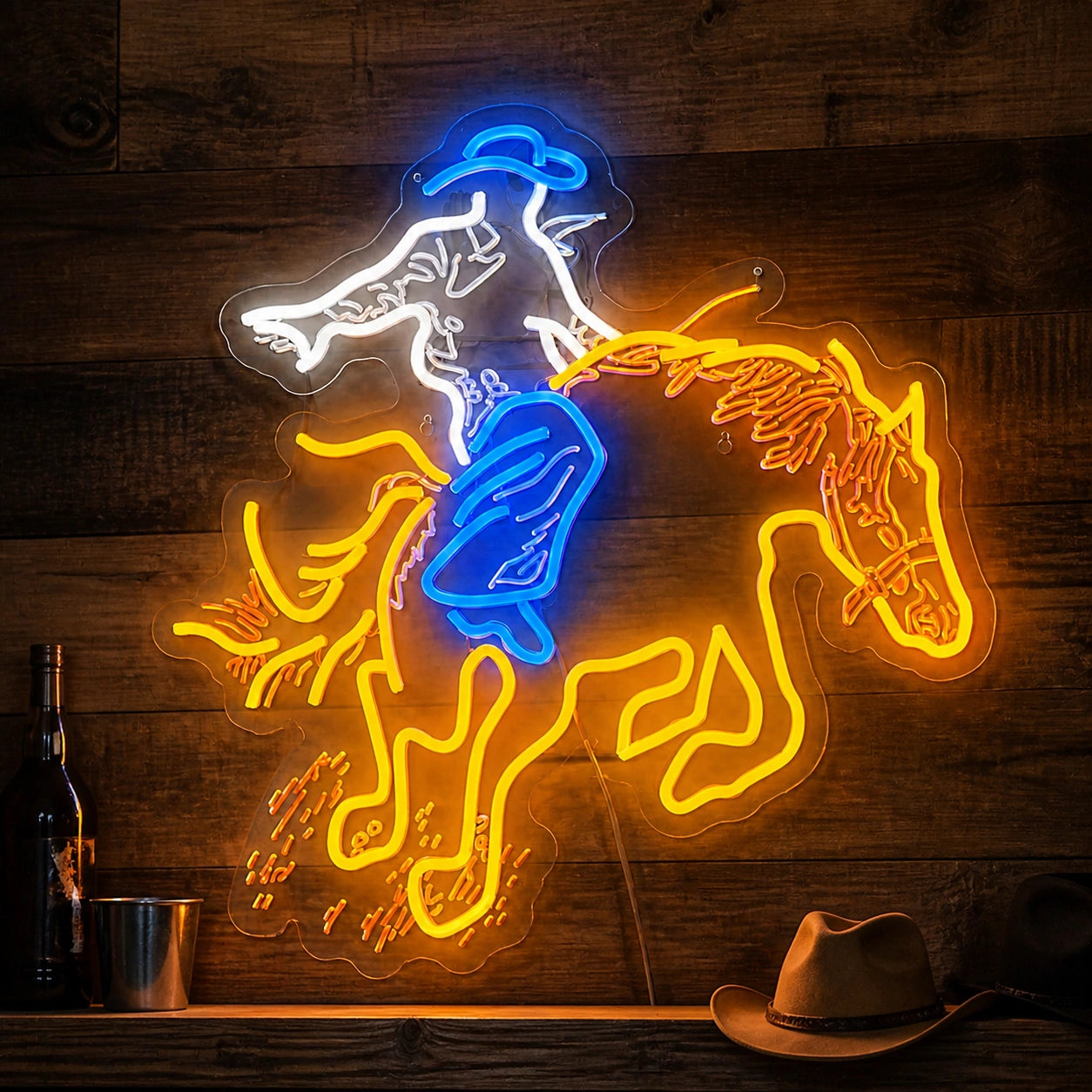 Leaning Cowboy Bucking Horse Vintage LED Neon Sign real lifestyle scene