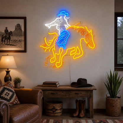 Leaning Cowboy Bucking Horse Vintage LED Neon Sign size image