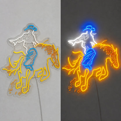 Leaning Cowboy Bucking Horse Vintage LED Neon Sign day and night comparison