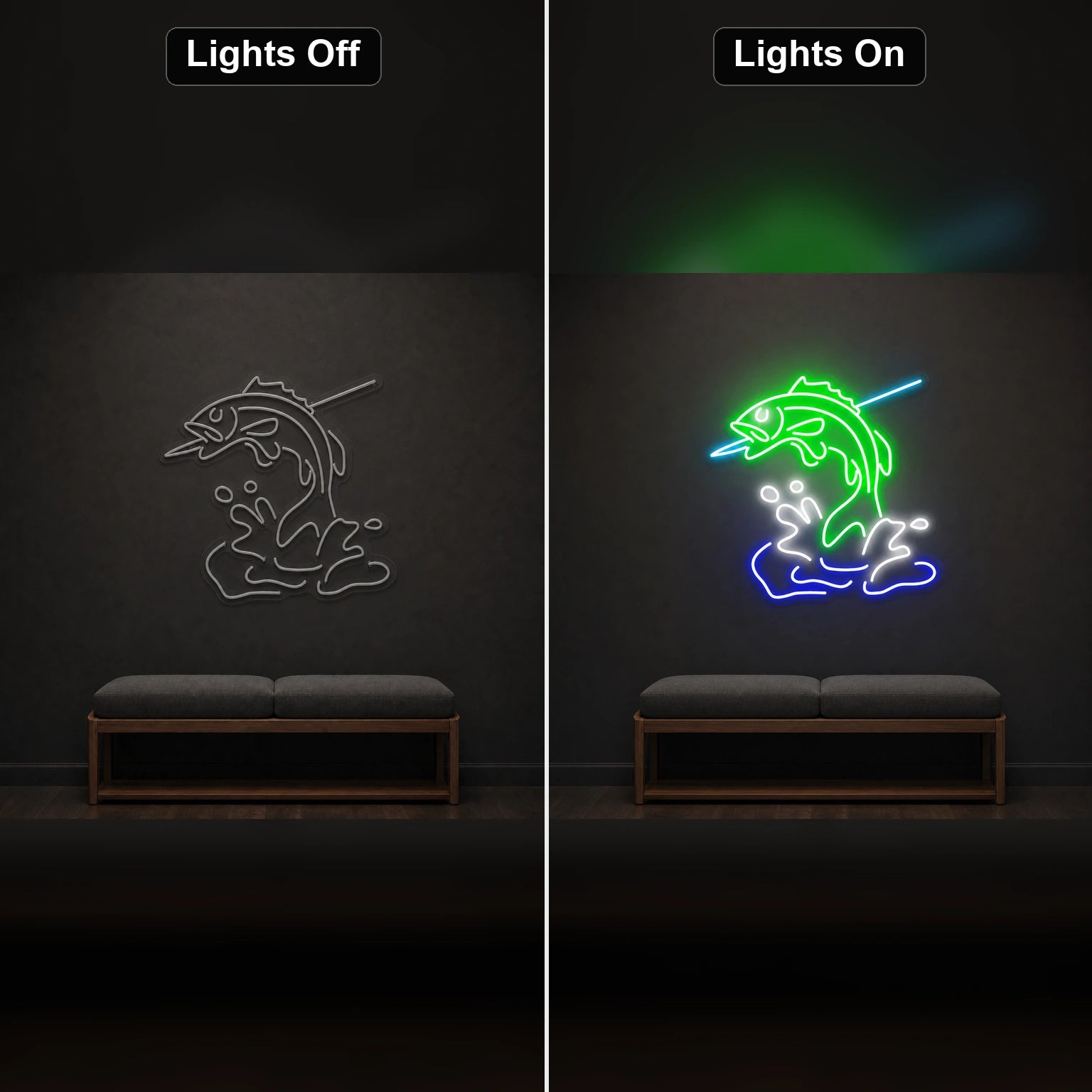 Leaping Bass Fish Over Splashing Water LED Neon Sign Home Garage Wall Decoration day and night comparison