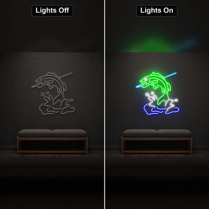 Leaping Bass Fish Over Splashing Water LED Neon Sign Home Garage Wall Decoration day and night comparison