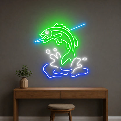 Leaping Bass Fish Over Splashing Water LED Neon Sign Man Cave Neon Sign size image
