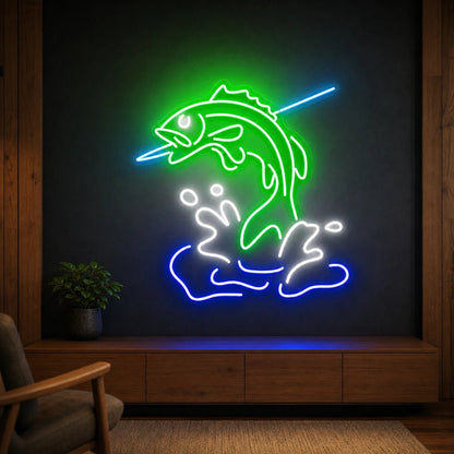 Leaping Bass Fish Over Splashing Water LED Neon Sign Man Cave Neon Sign - Shineneon