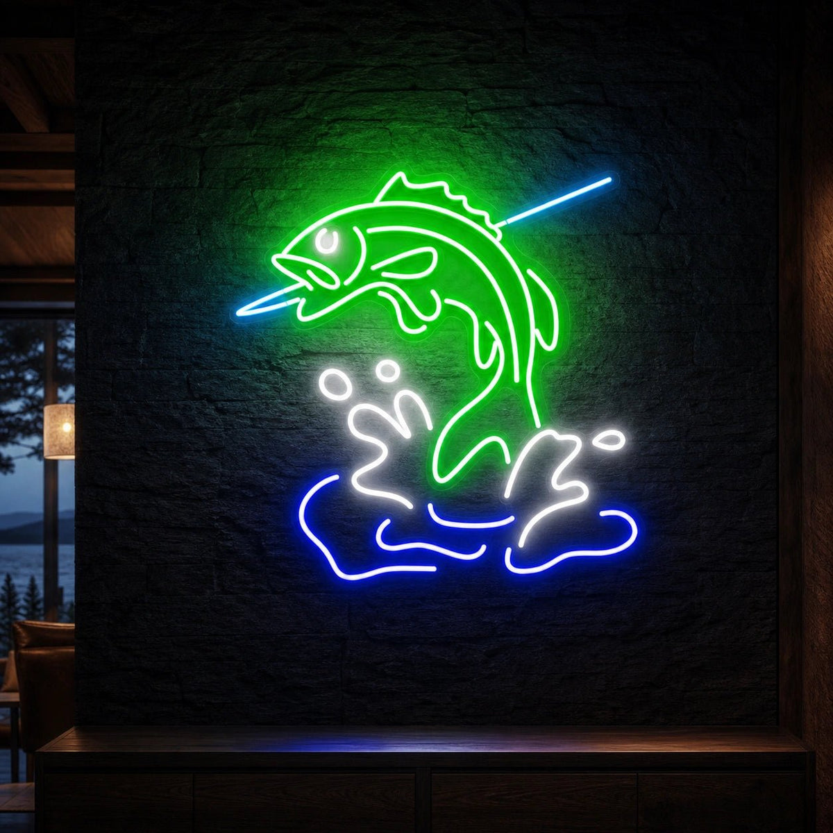 Leaping Bass Fish Over Splashing Water LED Neon Sign Man Cave Neon Sign - Shineneon